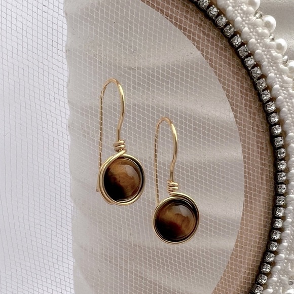 Tigers Eye Gold Wire Wrapped Minimalist Earrings - Picture 12 of 12